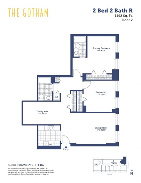 Floor plan for 2 beds, 2 baths, 1192 sqft